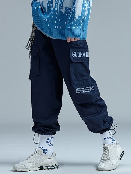

men slogan graphic flap pocket drawstring hem cargo pants 0671#, Black