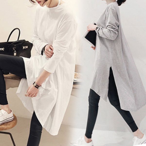 

new spring and autumn 2019 loose large medium long fashion solid color versatile round neck long sleeve t-shirt for women t-shirt t-shirt rm, White