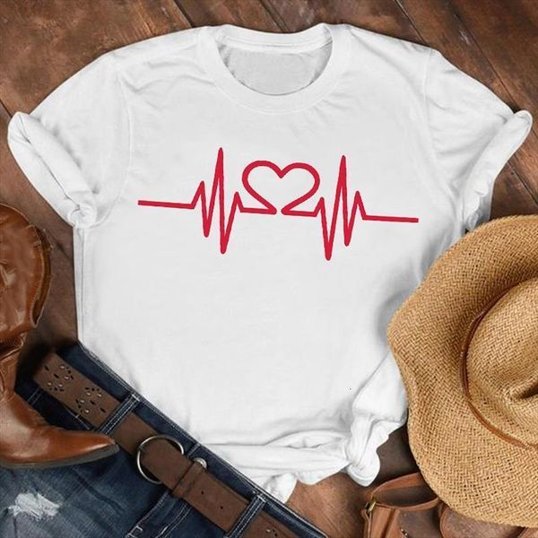 

love heartbeat print t shirt women short sleeve o neck loose tshirt women tee shirt female clothes camisetas mujer, White