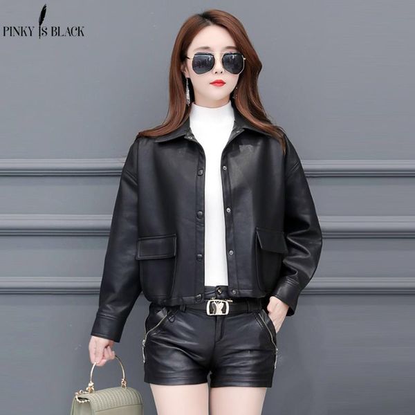 

women's leather & faux pinkyisblack spring autumn jacket women fur coat ladies slim short motorcycle biker drawstring basic, Black