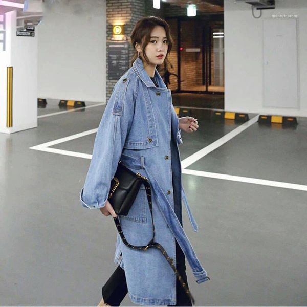 

2019 new spring autumn women korean casual loose x-long denim trench coat with belt female fashion denim windbreaker coat r1891, Tan;black