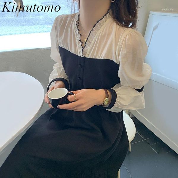 

kimutomo women vintage elegant dress french style romantic female v-neck slim waist lantern sleeve vestidos new1, Black;gray
