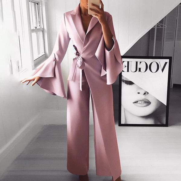 

flare sleeve wide leg pants long jumpsuit women 2019 elegant workwear formal party romper belted knot side jumpsuit, Black;white
