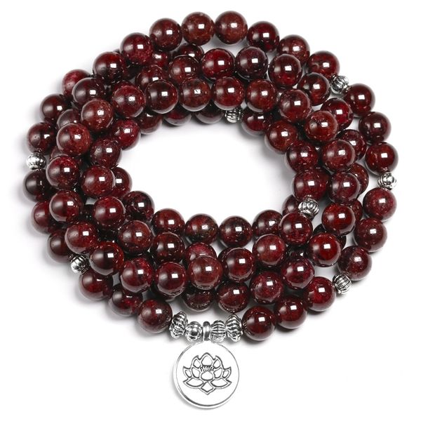 

natural a red garnet 108 beads mala bracelet 8mm stone women men wing om charm yoga bracelets handmade accessories gift y200730, Black