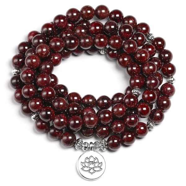 

natural a red garnet 108 beads mala bracelet 8mm stone women men wing om charm yoga bracelets handmade accessories gift y200730, Black