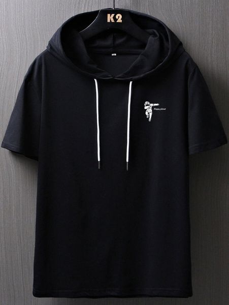 

men letter & figure graphic drawstring hooded tee f4ra#, White;black