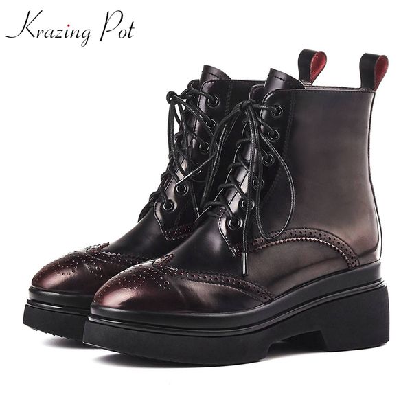 

krazing pot cow leather thick bottom wedges high heels zipper round streetwear keep warm carving gradient mid-calf boots l9f2, Black