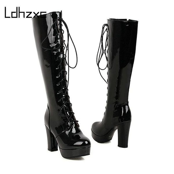 

boots ldhzxc patent leather platform long gothic black white fashion square heel knee high women with zipper good quality
