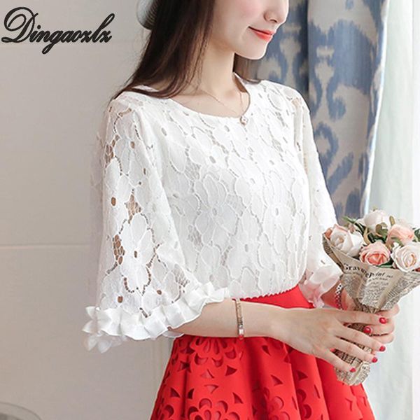 

dingaozlz 2020 summer lace flare sleeve crochet white shirt plus size clothing new fashion hollow out women blouse blusa1