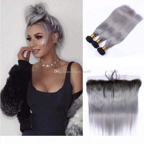 

#1b grey two tone hair bundles with lace frontal silk striaght sliver grey ombre lace frontal with bundles gray straight hair weaves, Black;brown