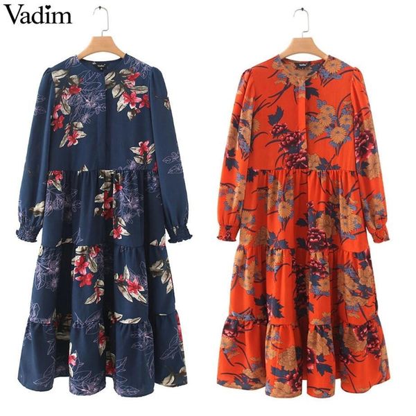 

vadim women floral print mid calf shirt dress long sleeve o neck pleated female casual retro midi dresses vestidos mujer qb295 y200101, White;black