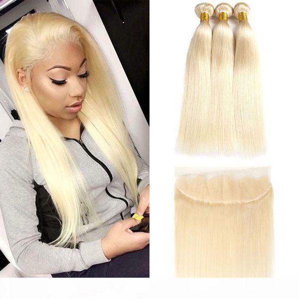 

9a brazilian virgin hair #613 blond 3 bundles with 13*4 frontal closure lace frontal and bundles silk straight hair bundles and frontal, Black;brown
