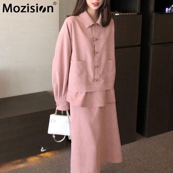 

mozision solid two piece set for women long sleeve single breasted coat a-line skirt sets female 2020 winter new cotton set, Gray
