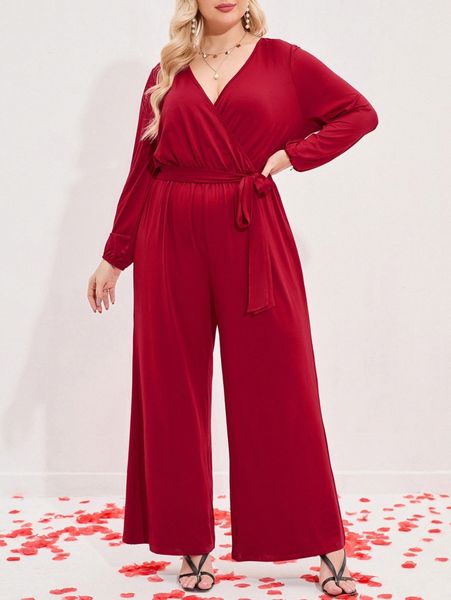 

plus lantern sleeve belted wide leg jumpsuit i2d9#, Black