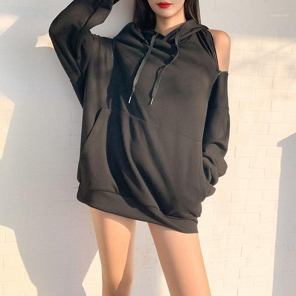 

2020 winter new fashion women long sleeve hooded drawstring zipper backless loose fashion sweatshirt streetwear1, Black