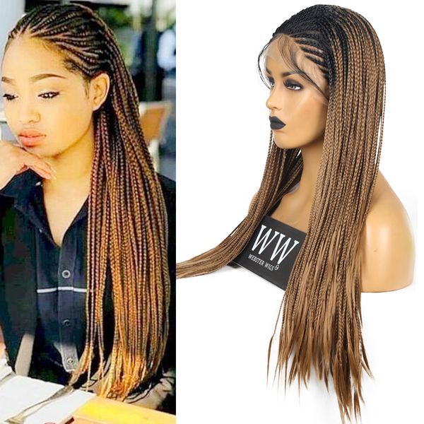 

fanxiton two tone braided box braids wig heat resistant fiber 24 inch with baby hair braided synthetic lace front wigs for women, Black;brown
