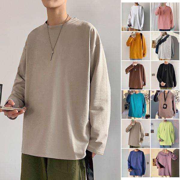 

solid color men white long sleeve t shirts korean hip hop oversized man casual tee men's streetwear kg-346, White;black