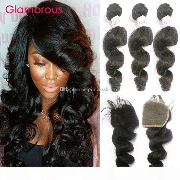 

glamorous brazilian hair weaves with lace closure 4pcs lot brazilian loose wave hair closure with human hair weave bundles ing, Black;brown