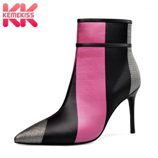 

boots kemekiss real leather satin upper women ankle western style mixed color shoes pointed toe party footwear size 34-401, Black