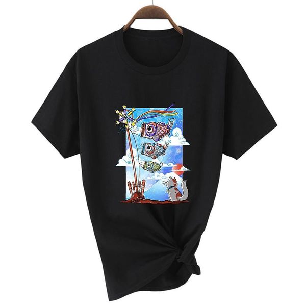 

2021 высококачественная печать свободные хараджуку футболка с ретро новая футболка для женщин, наблюдая за карпом летняя графическая футболк, White