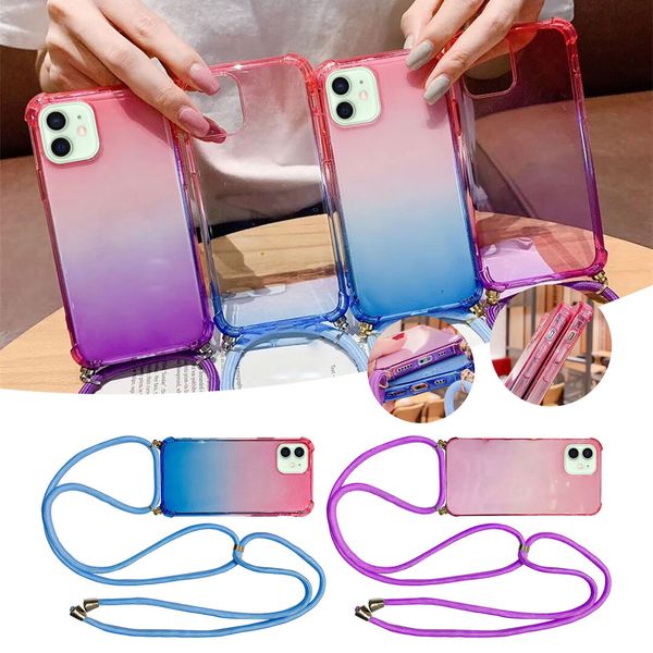 

2020 new fashion color gradient mobile phone silicone soft tpu protective case with hanging rope for iphone 12 mini 5.4inch