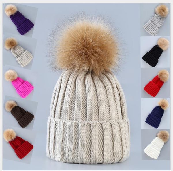 

womens winter knitted beanie hat with faux fur pom warm knit skull cap beanie for women, Blue;gray