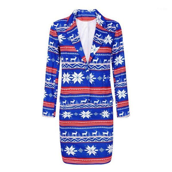 

christmas printed suit long sleeve slim jacket + short skirt two piece set1, White