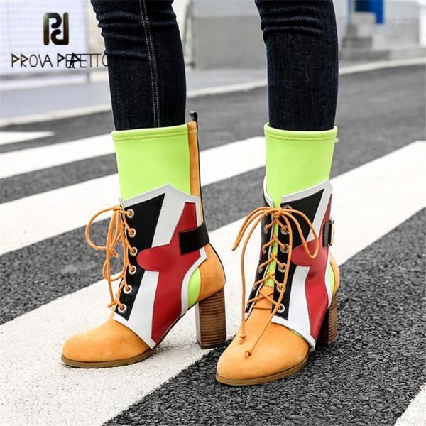

prova perfetto colorful women high boots fashion lace up riding boot stretch fabric sock boots high heel slim fit botas mujer1, Black