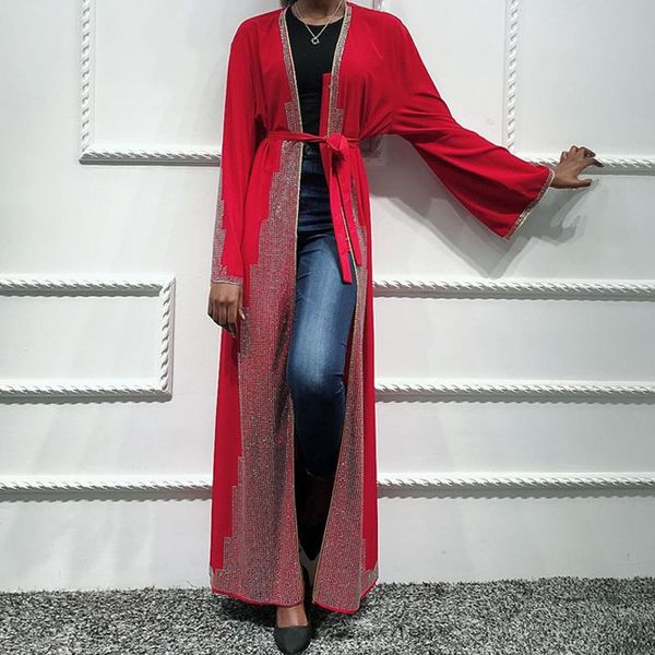 

open front kimono abaya diamond women muslim ladies long robe rhinestone dubai arab turkey modest wedding party ramadan wear, Red
