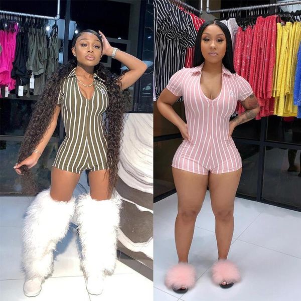 

women's fashion stripe front and back invisible zipper stretch lapel lapel short sleeve tight sports jumpsuit shorts1, Black;white