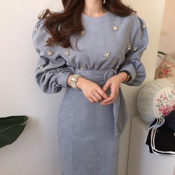 

chic spring new women casual retro corduroy belt dress female vintage elegant party lace up dresses, Black;gray