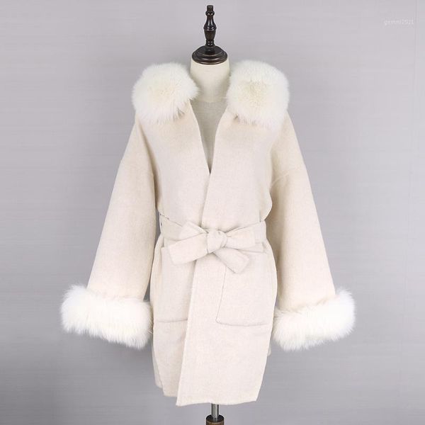 

women's fur & faux 2021 real coat winter jacket women natural collar cashmere wool blends outerwear streetwear oversize1, Black