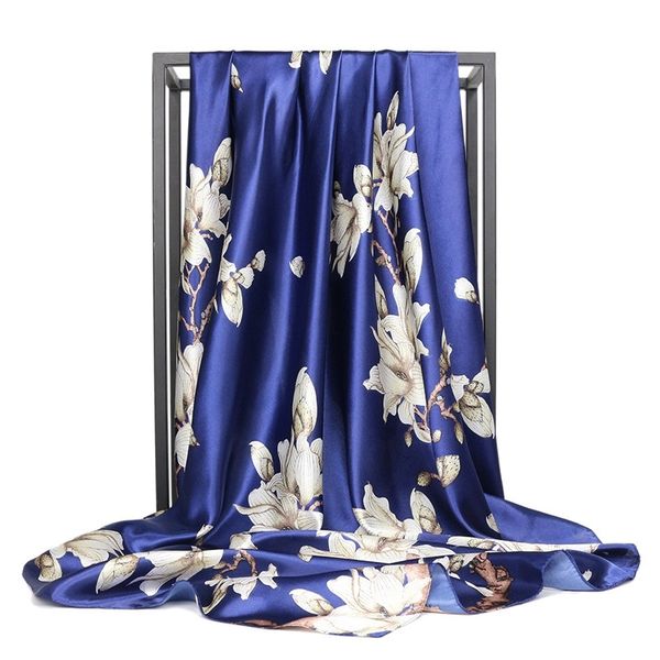 

fashion kerchief silk satin hijab scarf for women floral print bandana head scarfs 90*90cm square shawls neck scarves for ladies t200429, Blue;gray