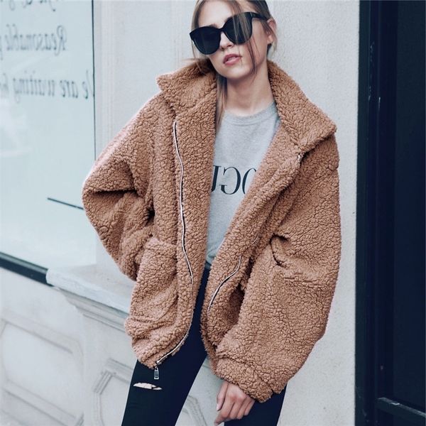 

elegant faux fur women autumn winter thick warm soft fleece jacket pocket zipper outerwear overcoat bear teddy coat s-3xl t200506, Black