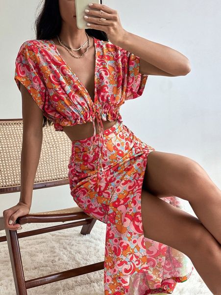 

allover print cut-waist ruched slit side dress l3il#, Black;gray