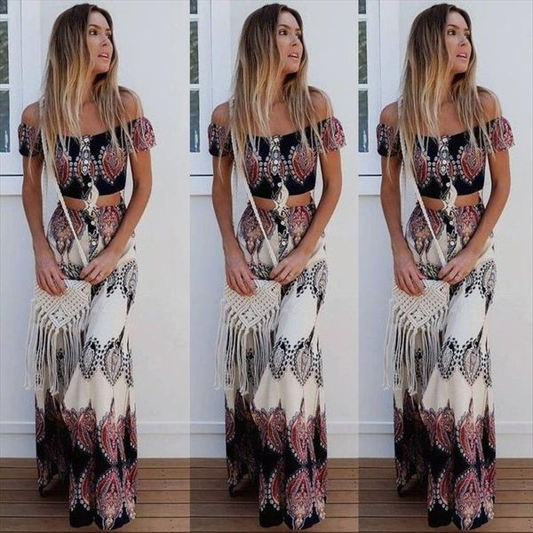 

sets two piece outfits totem print women slash neck boho crop split long dresses 2 piece set women dress womens, Gray