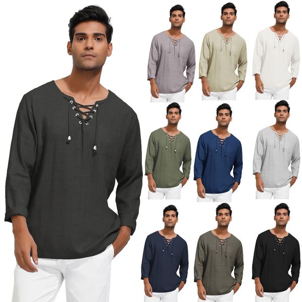 

men blouses spring autumn lace-up neck rayon & linen shirt fashion stylish long sleeve pullover shirts male plain color, White;black