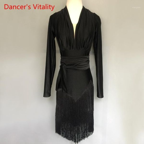 

adult/kids latin dance dress performance clothes long sleeves tassel dresses women girls latin dance competition costume1, Black;red