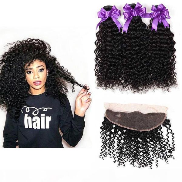 

brazilian kinky curly human hair bundles with frontal brazilian virgin hair weave jerry kinky curly 3 bundles with 13x4 lace frontal, Black;brown