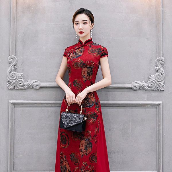 

plus size 4xl qipao women satin chinese party prom dress elegant burgundy print flower cheongsam elegant high split vestidos1, Red