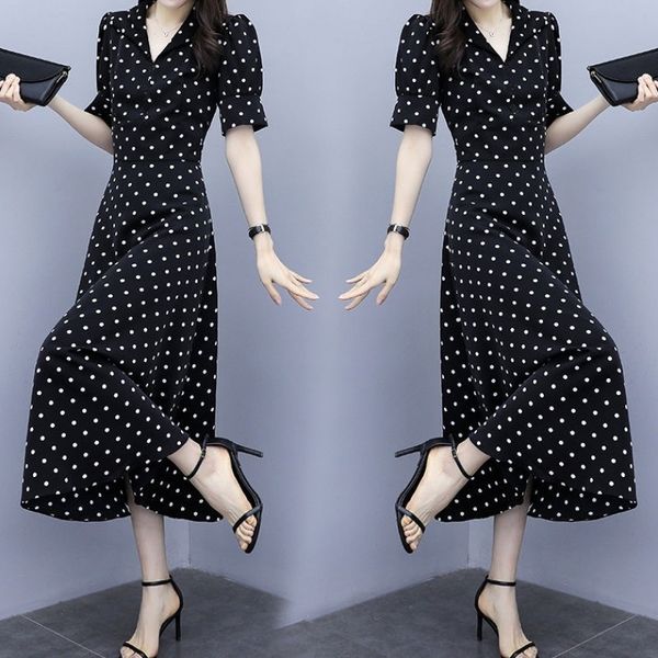 

0ryky 2020 spring and summer new loose large v-neck polka dot women's elegant slim fit slim long skirt dress size mid-length dress kd9p, Black;gray
