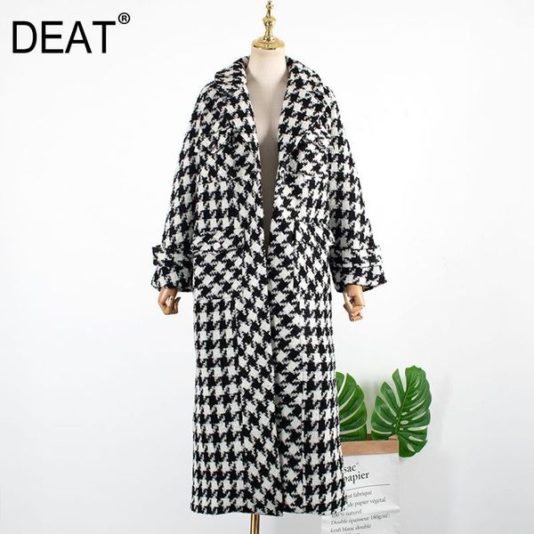 

women's wool & blends [deat] 2021 autumn fashion women woolen coat high street plaid loose elegant long length full sleeve lapel wild w, Black