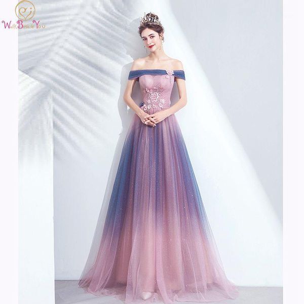 

elegant long prom dresses gradient sparkle off shoulder flower a line 2020 evening gowns pink purple 100% real walk beside you1, White;black