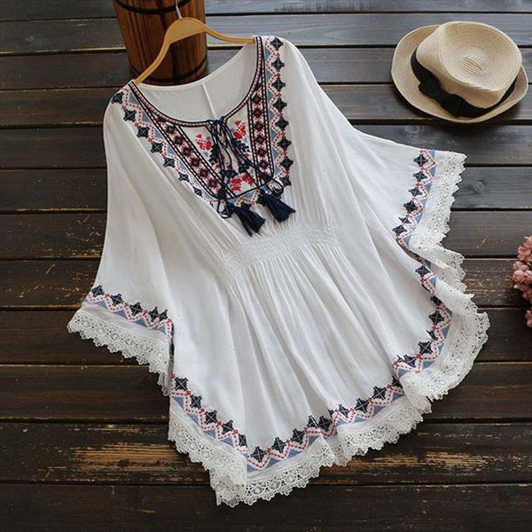 

retro boho style embroidery shirts blouses womens summer cloak loose cotton lace hem bat sleeve kimono shirt feminina, White