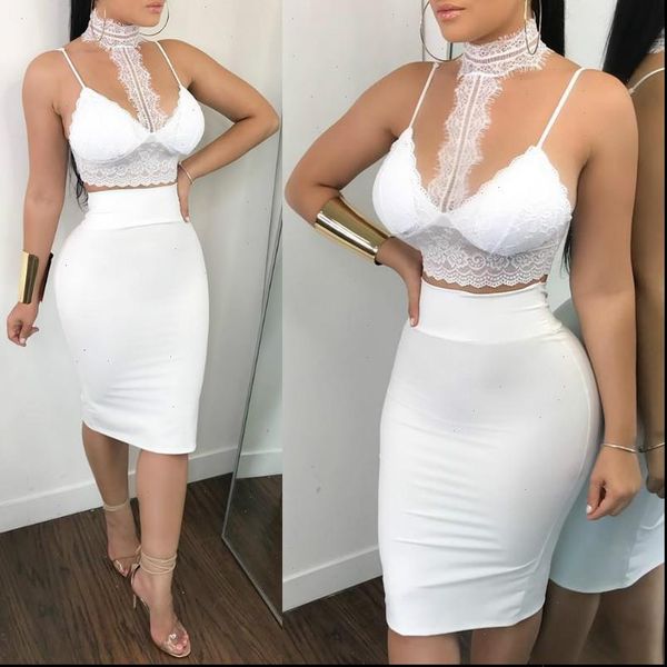 

2021 summer two piece set women bodycon short mini dress lace v neck crop skirts club party evening dresses vestidos mujer, Gray