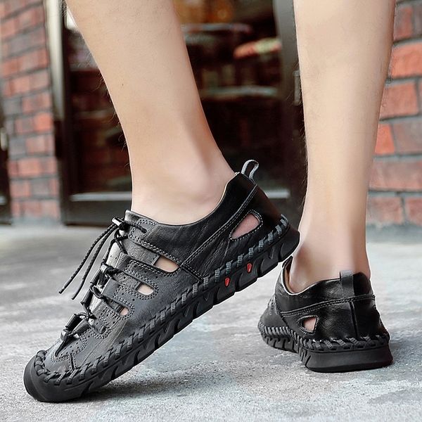 

sandal men summer outdoor sandals genuine leather handmade sewing men outdoor shoes breathable men leather shoes big size 48 t200420, Black