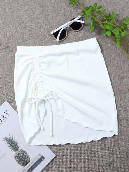 

rib drawstring front beach skirt b3ux#, White;black