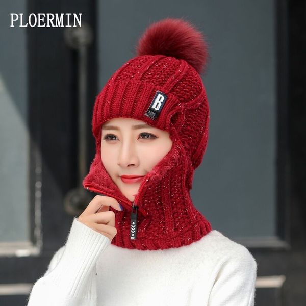 

women wool knitted hat ski hat sets for female windproof winter outdoor knit warm thick siamese scarf collar warm hat girl gift y201024, Blue;gray