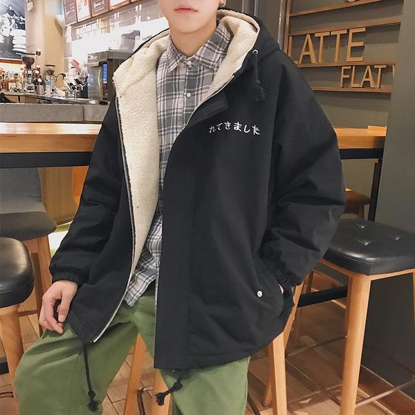 

winter new men's jacket workwear plus velvet padded cotton fashion japanese warm loose lambskin cotton-padded jacket, Black