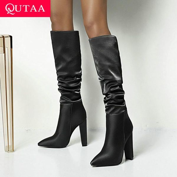 

boots qutaa 2021 pleated pu knee high square heel pointed toe women long winter slip on female shoes big size 34-43, Black